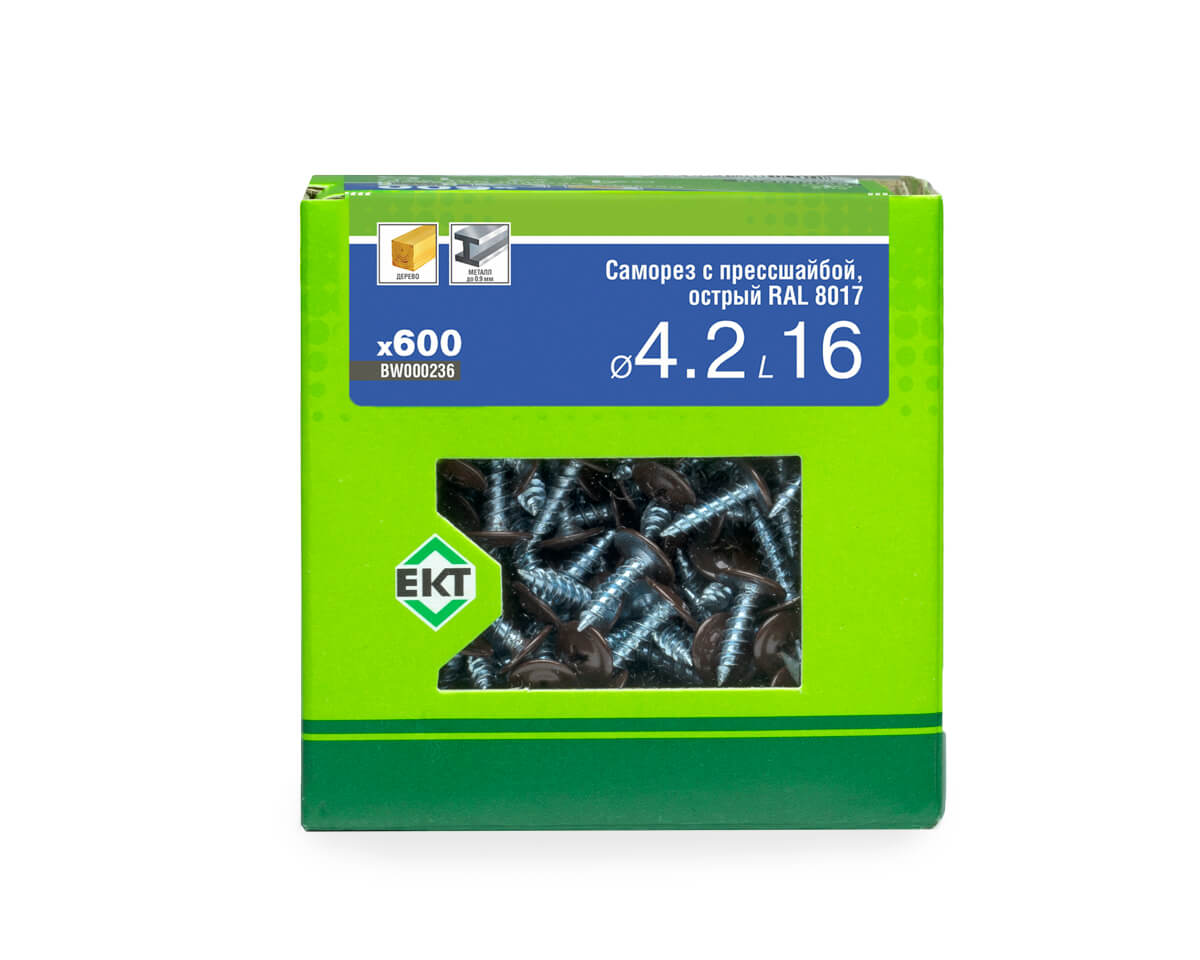 Саморез с п/ш 4.2х16 острый, RAL 8017, в коробке с окном, ЕКТ (упак/600шт)