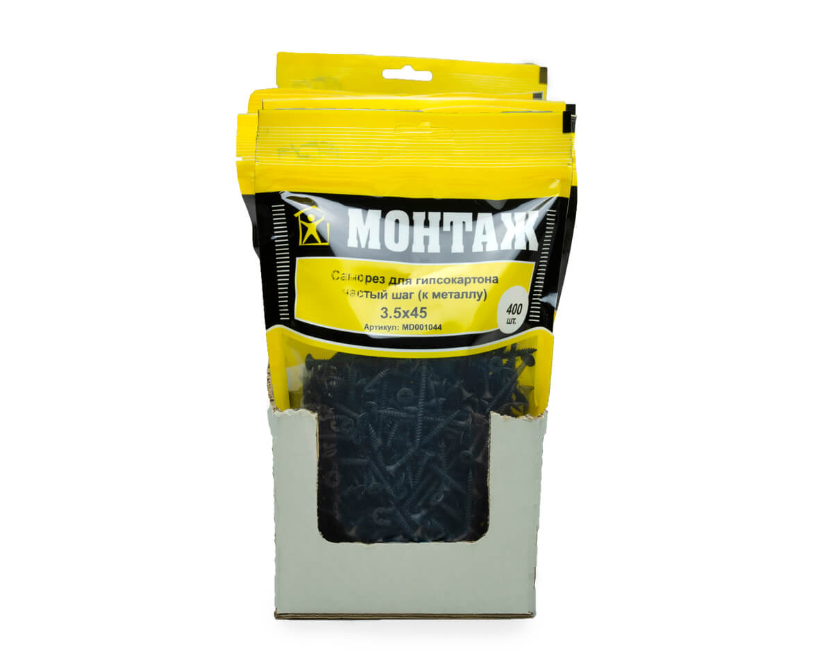 Саморез для гипсокартона 3.5x45, частый шаг (к металлу), фосфат, дой-пак L, МОНТАЖ (пакет/400шт)