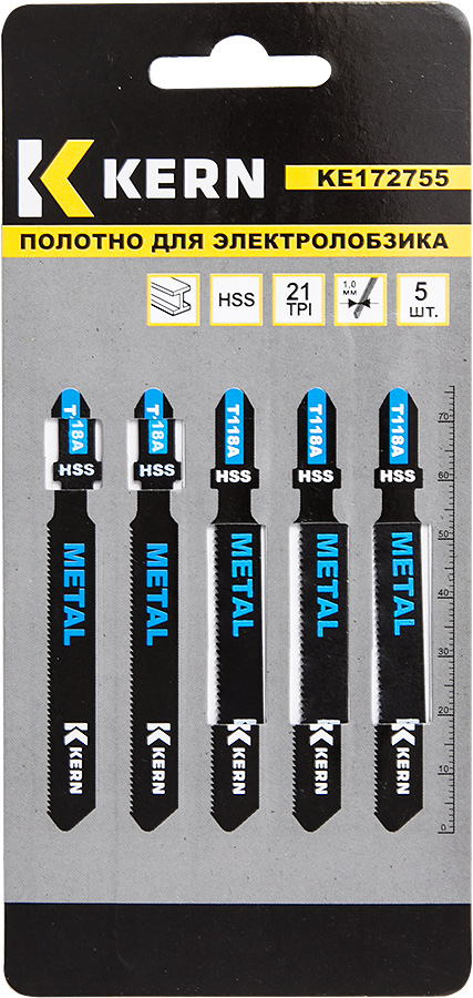 Полотно для электролобзика по мет, прям.рез, 75мм, 21TPI, 1-3мм, T118A KERN (упак/5шт)