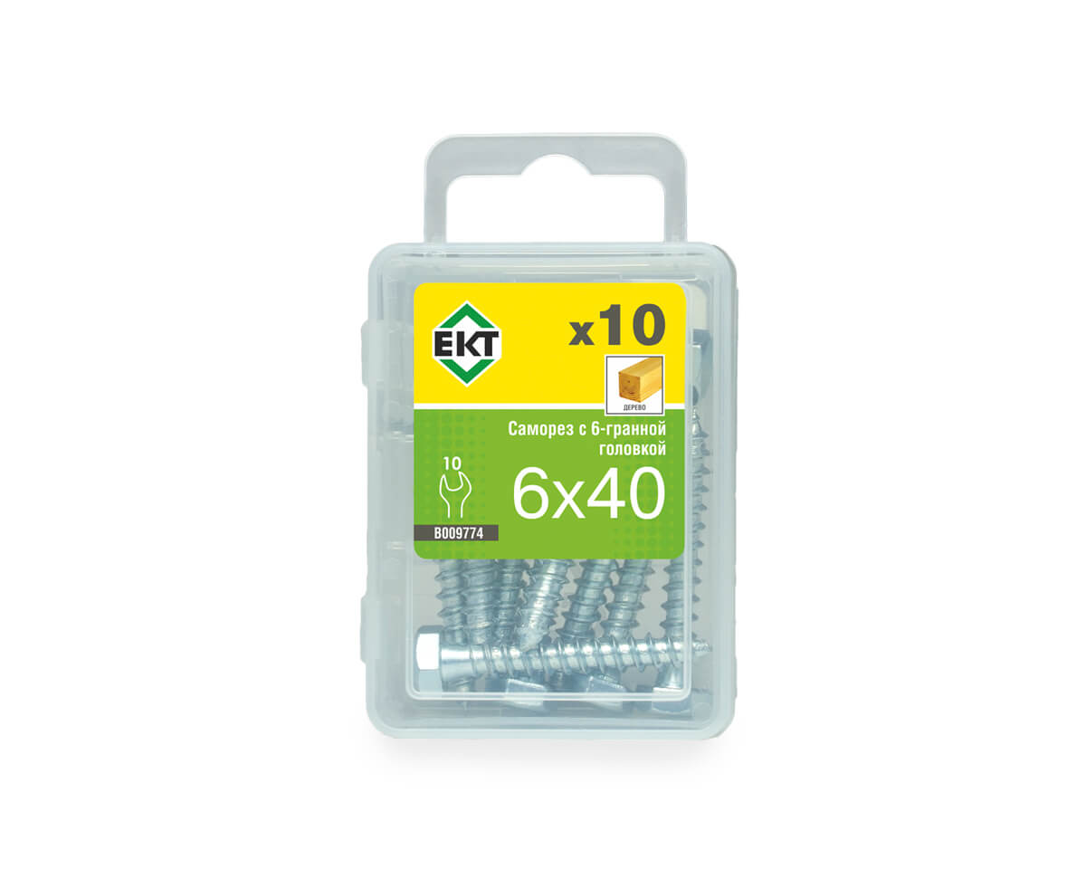 Саморез с 6-гранной головкой, 6.0x40 острый, цинк, ЕКТ (упак/10шт)
