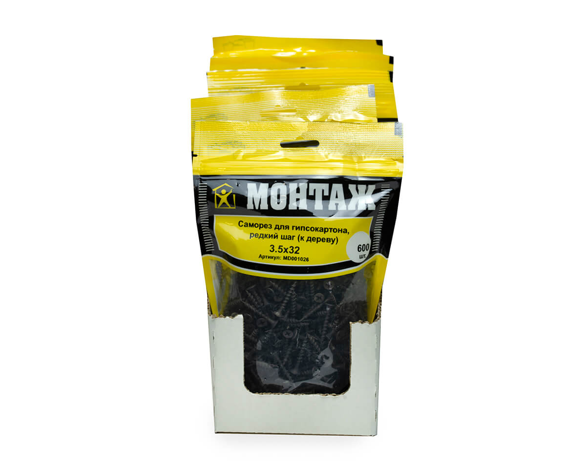 Саморез для гипсокартона 3.5x32, редкий шаг (к дереву), фосфат, дой-пак L, МОНТАЖ (пакет/600шт)