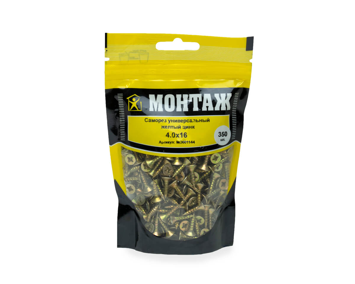 Саморез универсальный 4.0x16, желтый цинк, дой-пак S, МОНТАЖ (пакет/350шт)