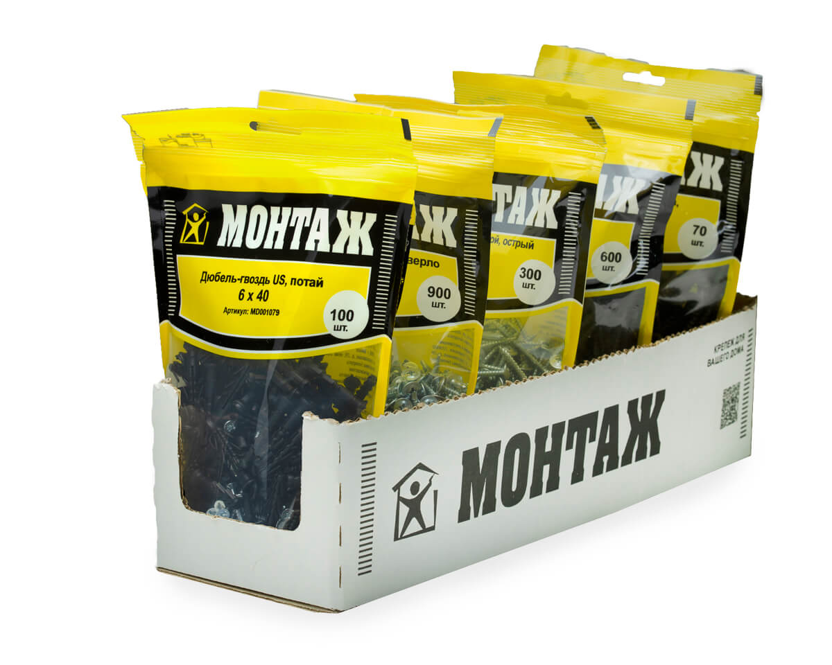 Дюбель-гвоздь US, 6x40 потай, п/в, МОНТАЖ (дой-пак L/100шт)