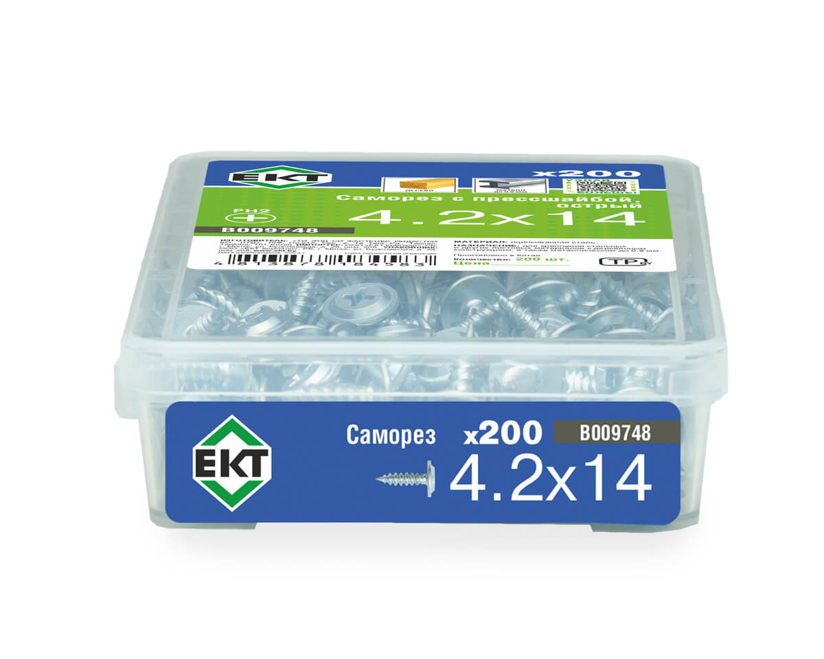 Саморез с прессшайбой, 4.2x14 острый, цинк,в пласт.контейнере, ЕКТ (упак/200шт)