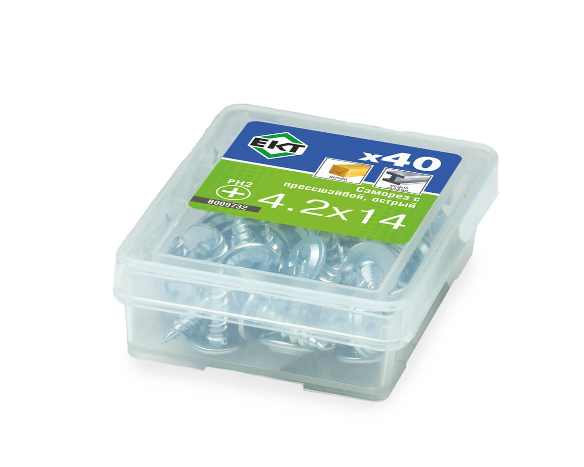 Саморез с прессшайбой, 4.2x14 острый, цинк, ЕКТ (упак/40шт)