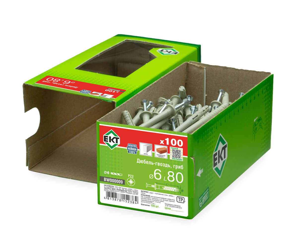 Дюбель-гвоздь GL, 6x80 гриб, нейлон, ЕКТ (кор. с окном/100шт)