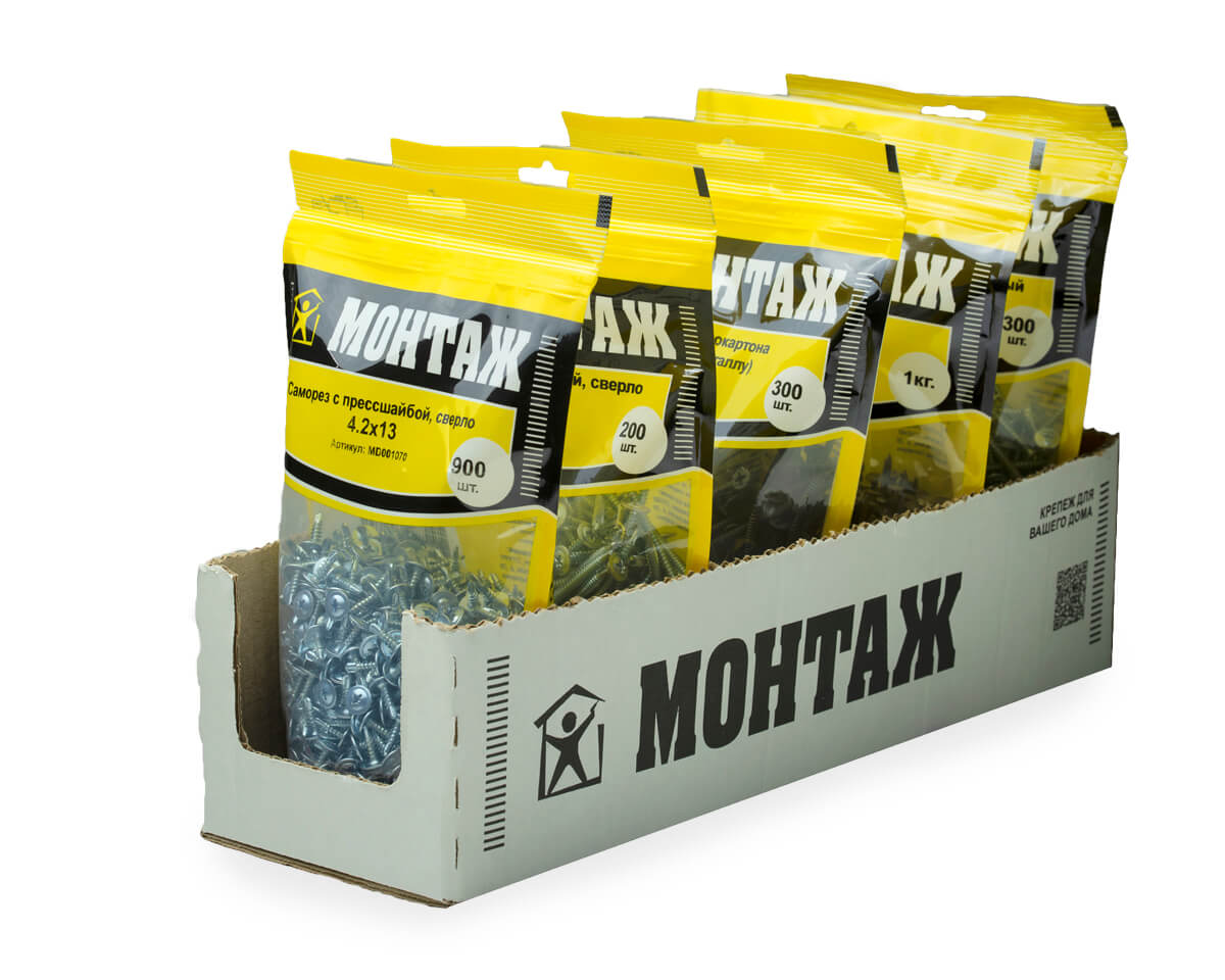 Саморез с прессшайбой 4.2x13, сверло, цинк, дой-пак L, МОНТАЖ (пакет/900шт)