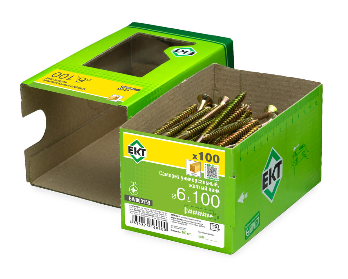 Саморез универсальный 6.0х100, желтый цинк, в коробке с окном, ЕКТ (упак/100шт)