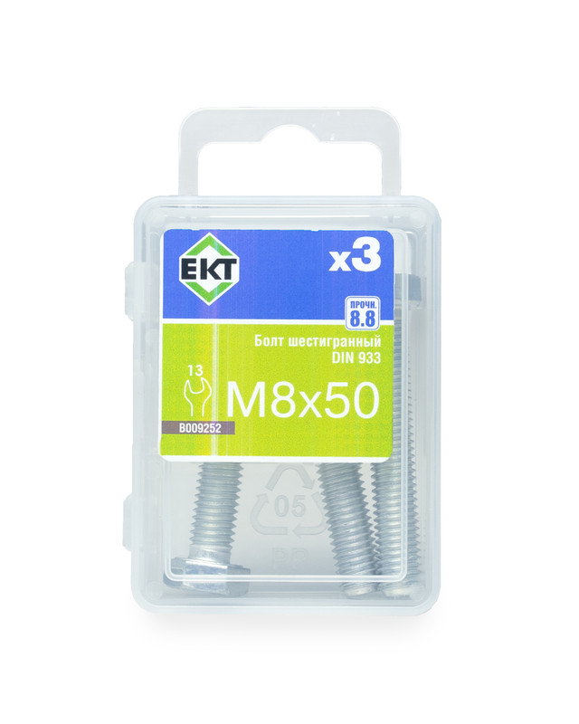 Болт шестигранный 8х 50, цинк, прочн. 8.8 DIN 933 (ГОСТ 7798-70) (упак/3шт)