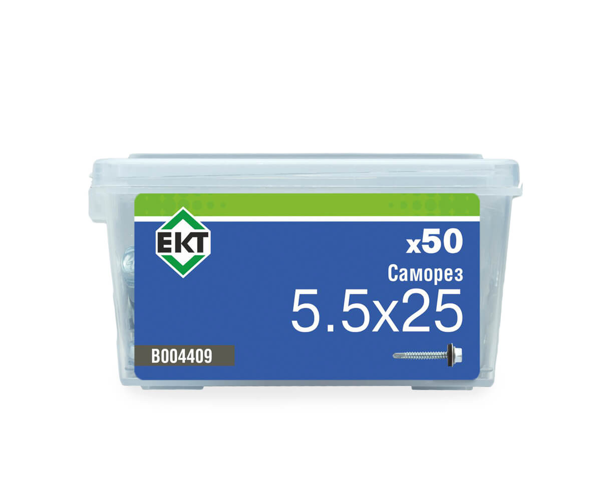 Саморез кровельный 5,5х25 сверло, цинк, с резиновой прокладкой, в пласт. контейнере (упак/50шт)