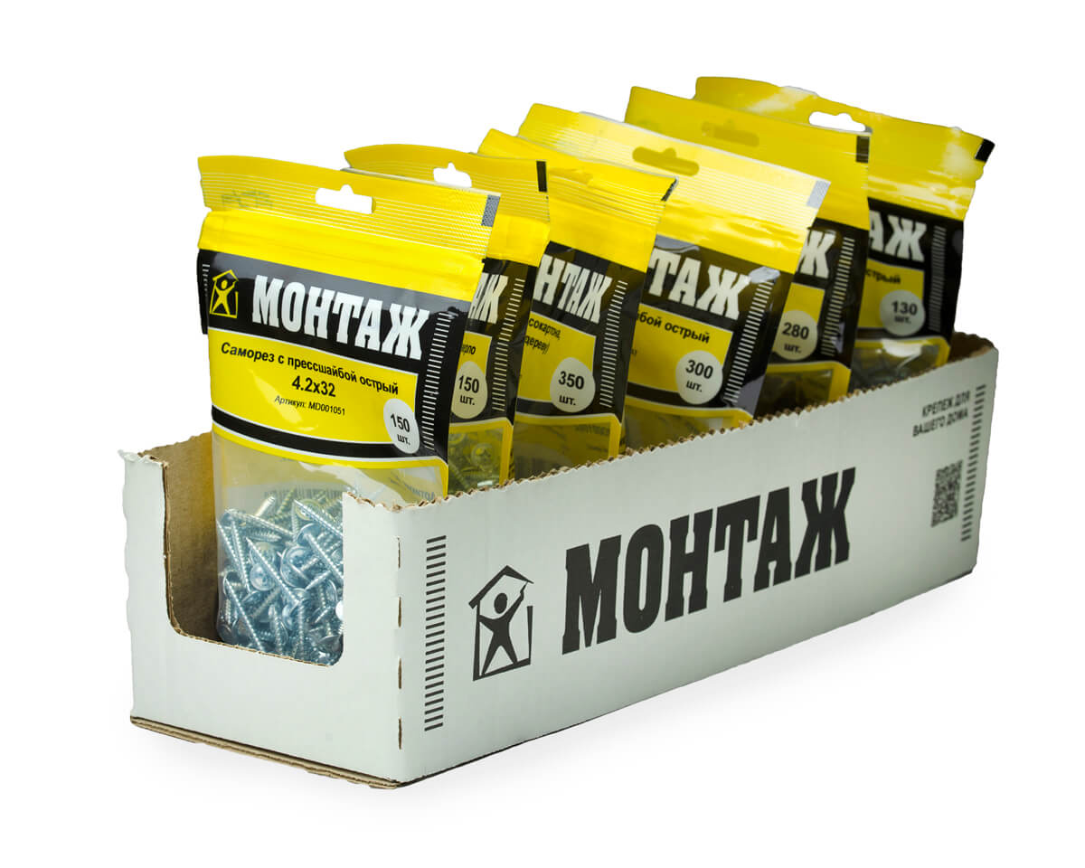 Саморез с прессшайбой 4.2x32, острый, цинк, дой-пак M, МОНТАЖ (пакет/150шт)