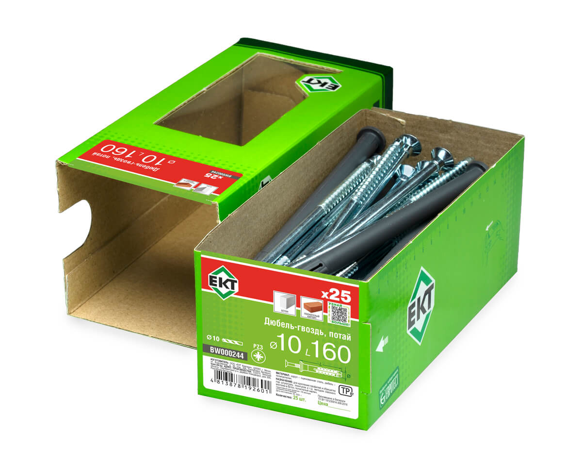 Дюбель-гвоздь GL, 10x160 потай, п/п, ЕКТ (кор. с окном/25шт)
