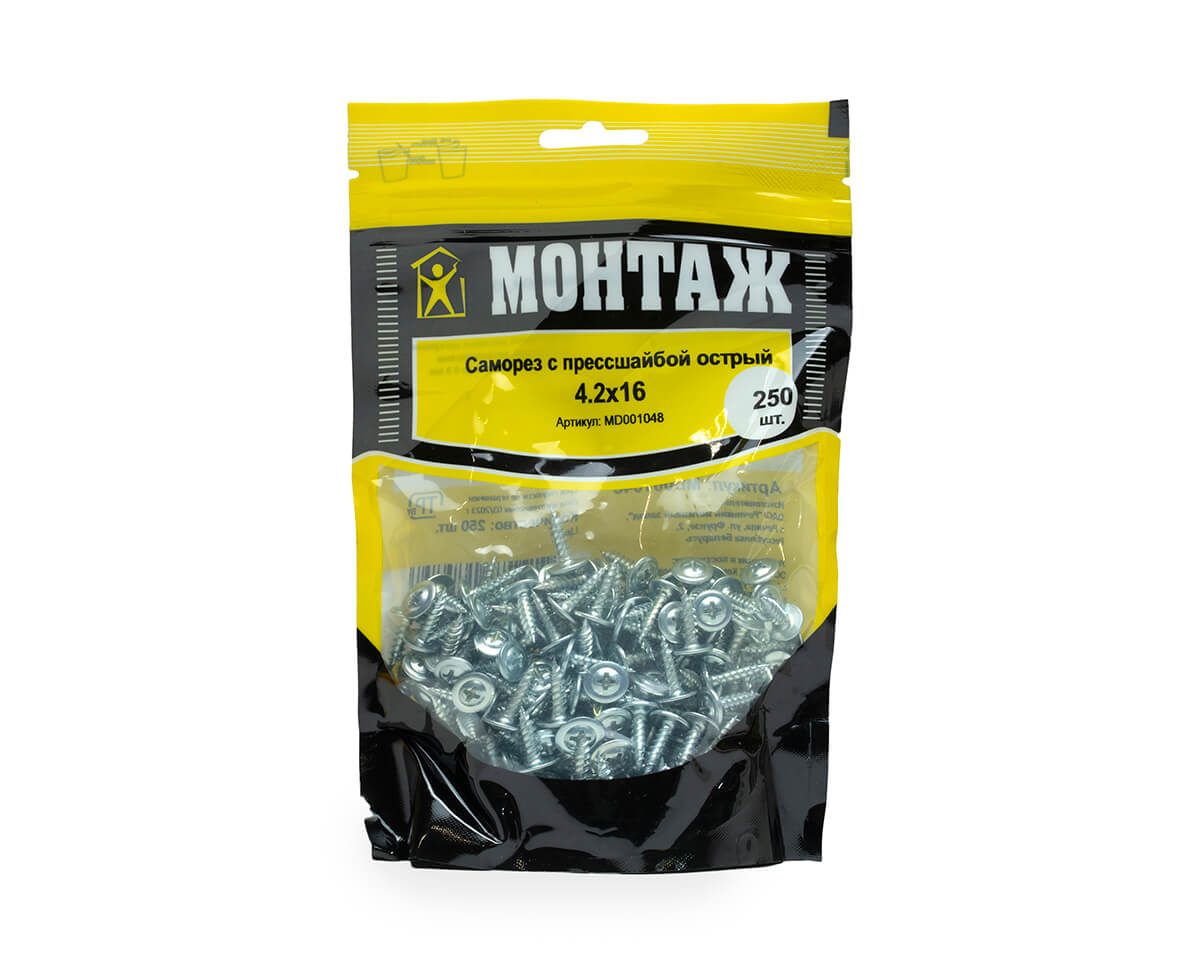 Саморез с прессшайбой 4.2x16, острый, цинк, дой-пак M, МОНТАЖ (пакет/250шт)