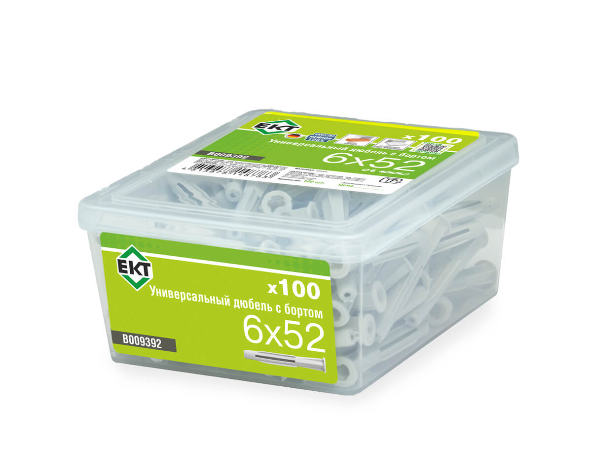 Универсальный дюбель с бортом UKD 6x52, НЕЙЛОН, в пласт. контейнере (упак/100шт) ЕКТ