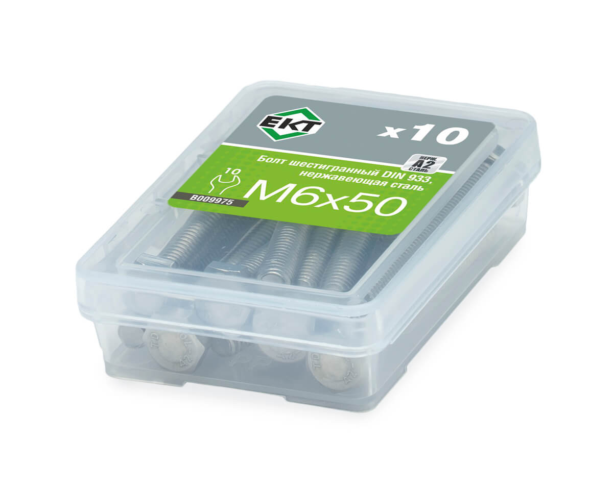 Болт с шестигранной головкой M6х50, DIN933, НЕРЖ. СТАЛЬ, ЕКТ (упак/10шт)