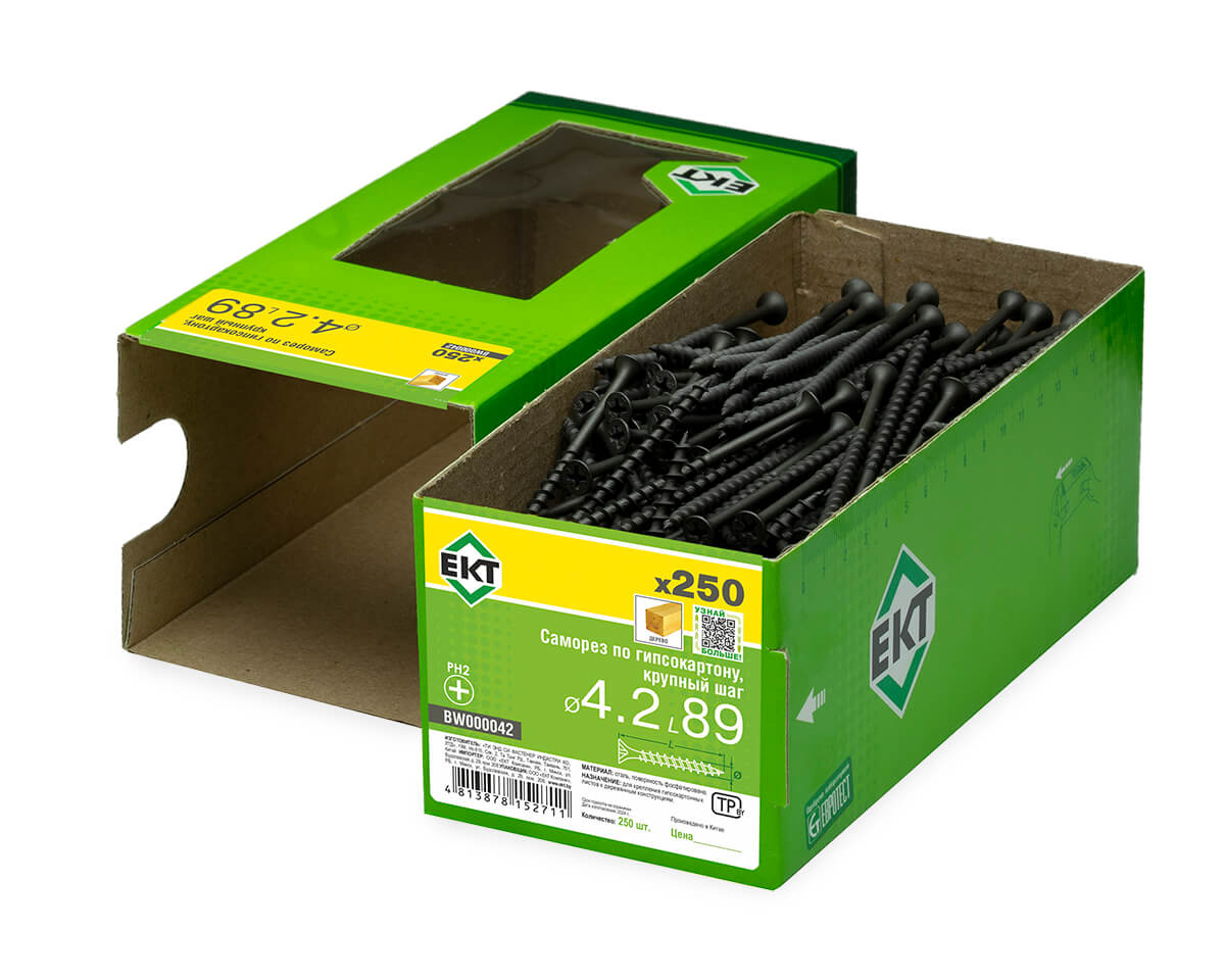 Саморез по ГК 4.2х89 крупный шаг (к дереву), фосфат., в коробке с окном, ЕКТ (упак/250шт)