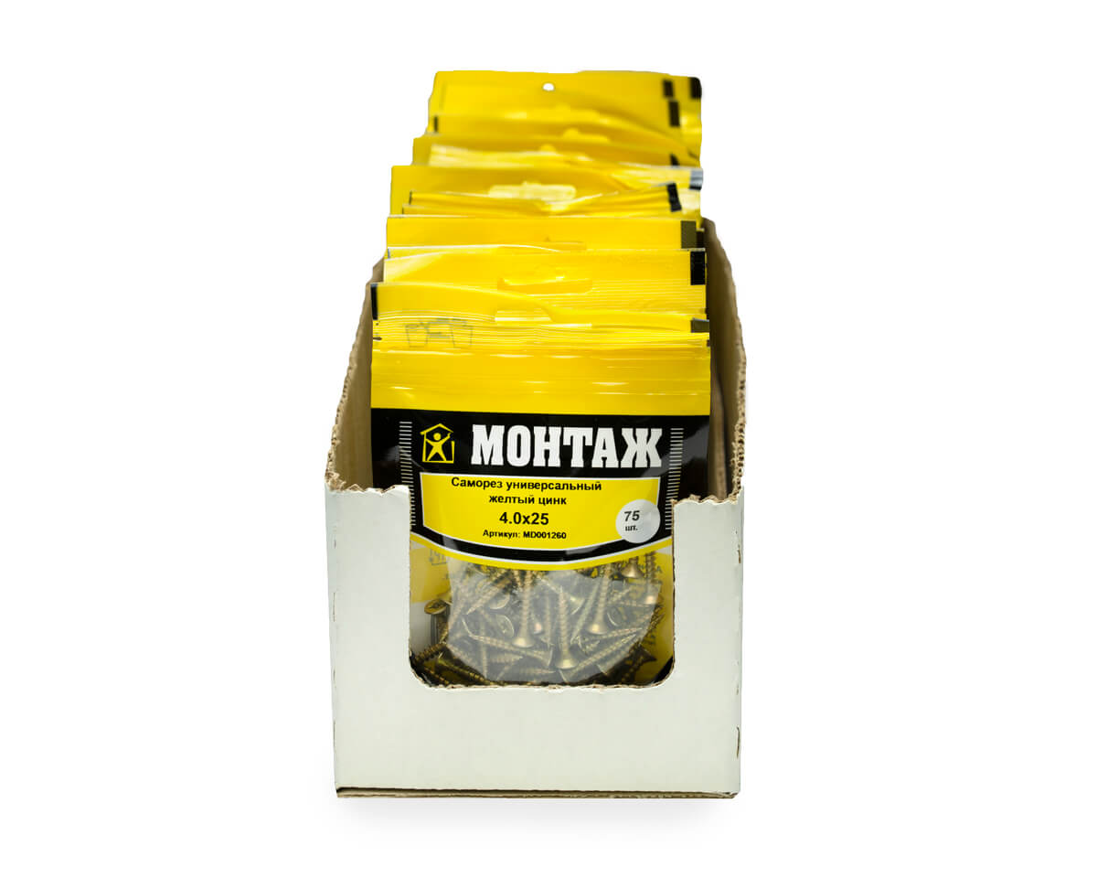 Саморез универсальный 4.0x25, желтый цинк, дой-пак S, МОНТАЖ (пакет/75шт)