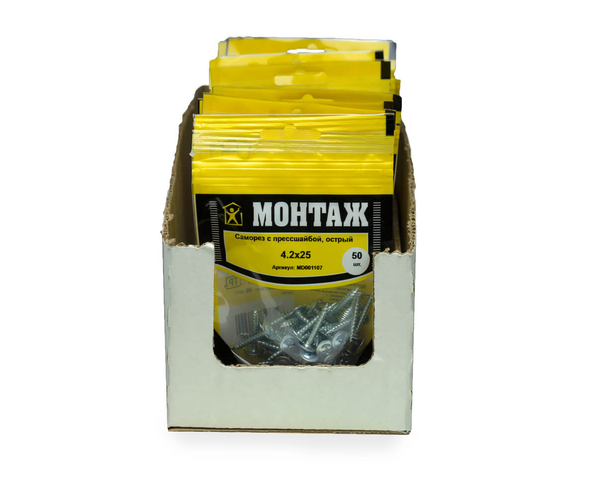 Саморез с прессшайбой 4.2x25, острый, цинк, дой-пак S, МОНТАЖ (пакет/50шт)