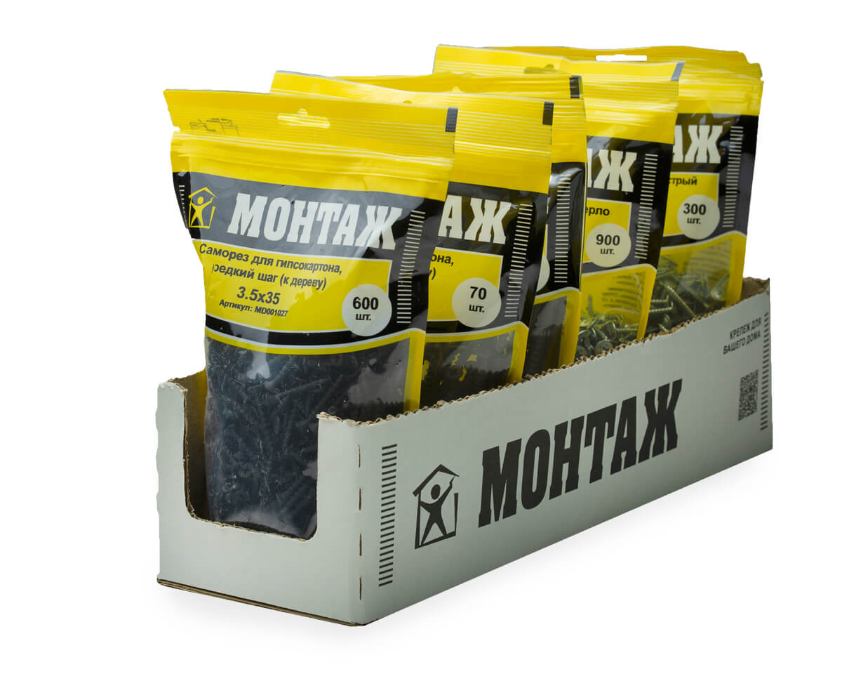 Саморез для гипсокартона 3.5x35, редкий шаг (к дереву), фосфат, дой-пак L, МОНТАЖ (пакет/600шт)