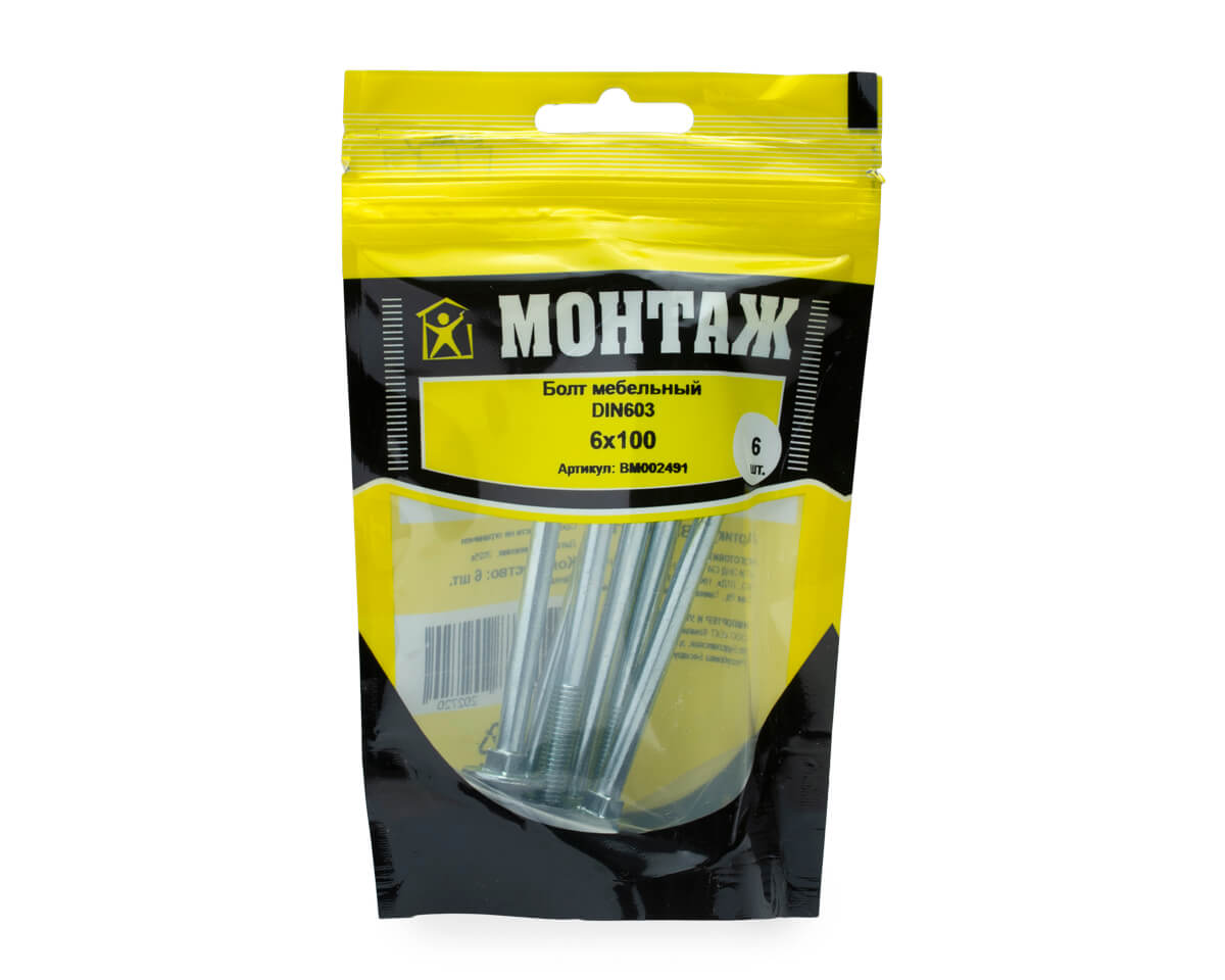 Болт мебельный 6х100, цинк, прочн. 4.8 DIN 603 (пакет/6шт)
