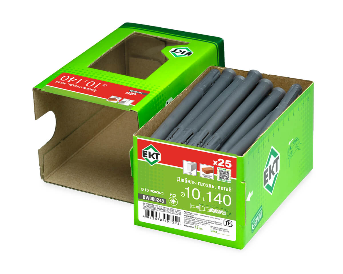 Дюбель-гвоздь GL, 10x140 потай, п/п, ЕКТ (кор. с окном/25шт)