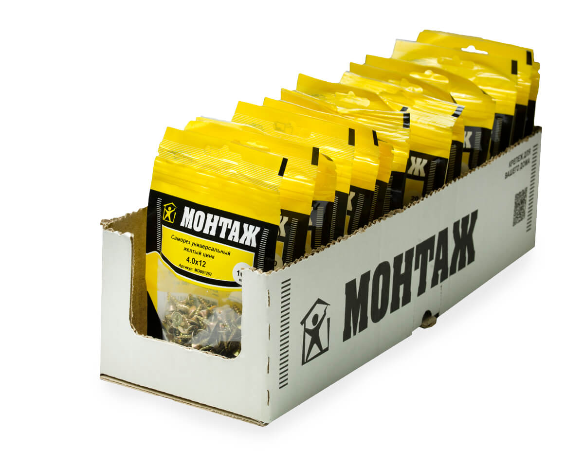 Саморез универсальный 4.0x12, желтый цинк, дой-пак S, МОНТАЖ (пакет/100шт)