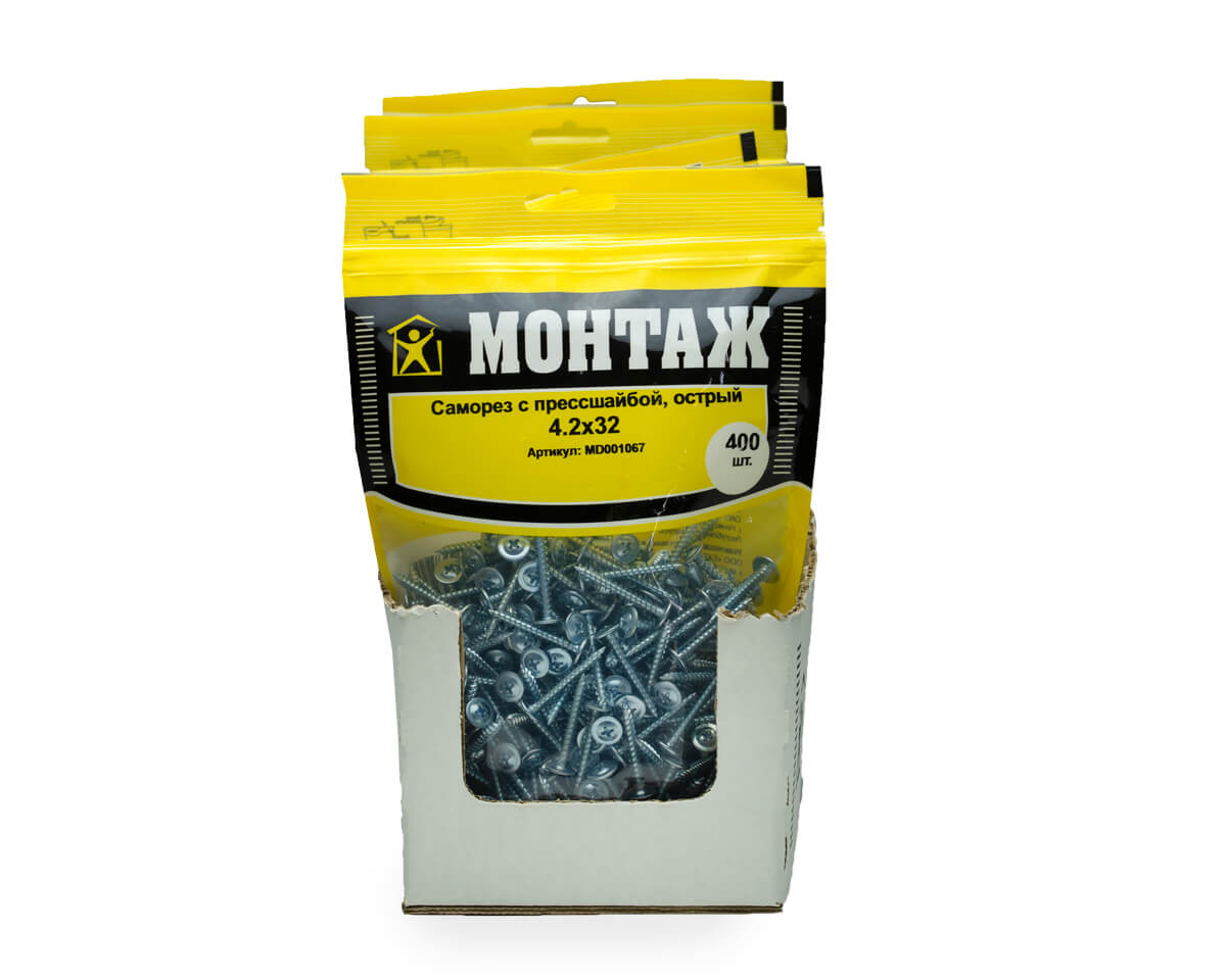 Саморез с прессшайбой 4.2x32, острый, цинк, дой-пак L, МОНТАЖ (пакет/400шт)