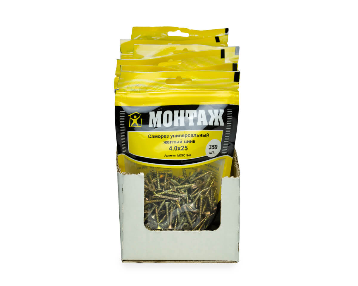 Саморез универсальный 4.0x25, желтый цинк, дой-пак M, МОНТАЖ (пакет/350шт)