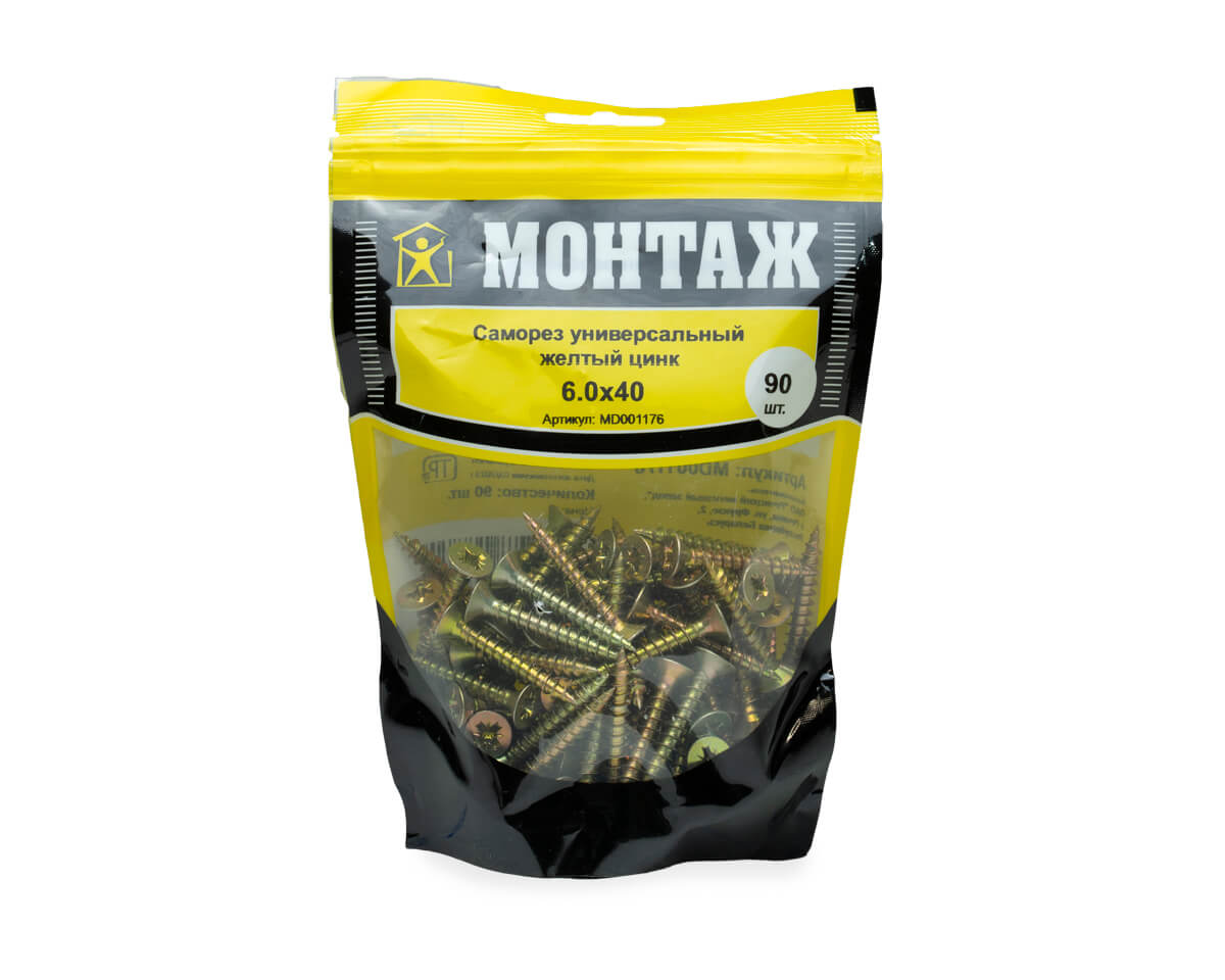 Саморез универсальный 6.0x40, желтый цинк, дой-пак M, МОНТАЖ (пакет/90шт)