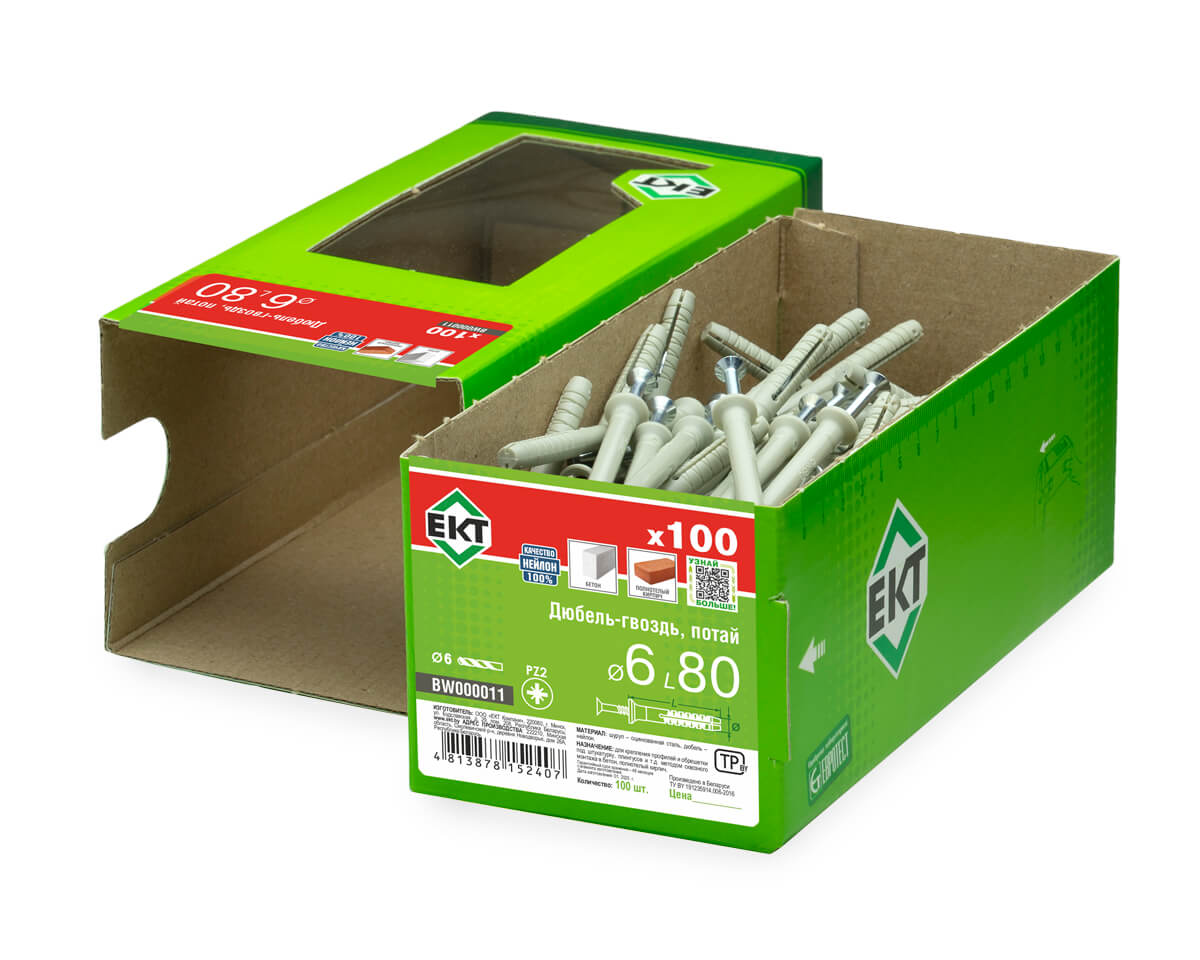 Дюбель-гвоздь GL, 6x80 потай, нейлон, ЕКТ (кор. с окном/100шт)