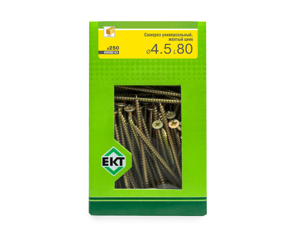 Саморез универсальный 4.5х80, желтый цинк, в коробке с окном, ЕКТ (упак/250шт)