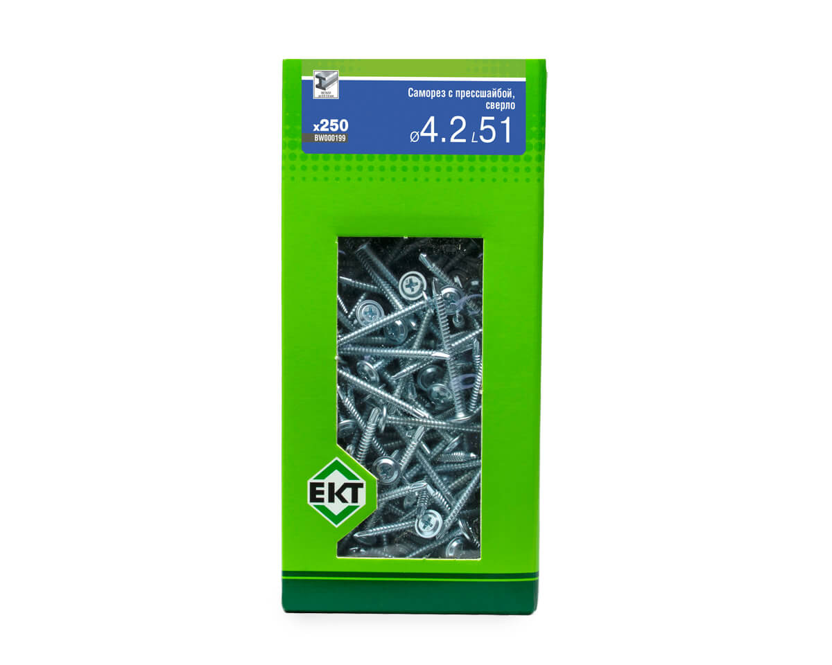 Саморез с прессшайбой, 4.2x51 сверло, цинк, в коробке с окном, ЕКТ (упак/250шт)