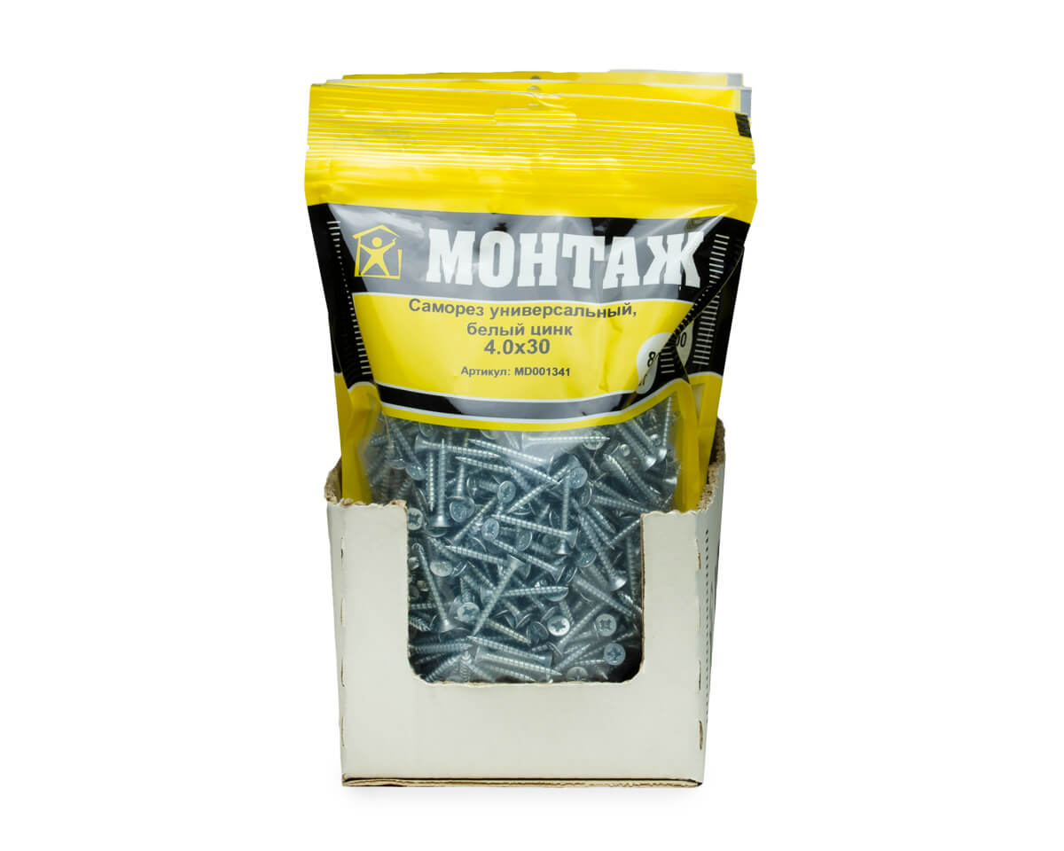Саморез универсальный 4,0х30, белый цинк, МОНТАЖ (дой-пак L/800шт)