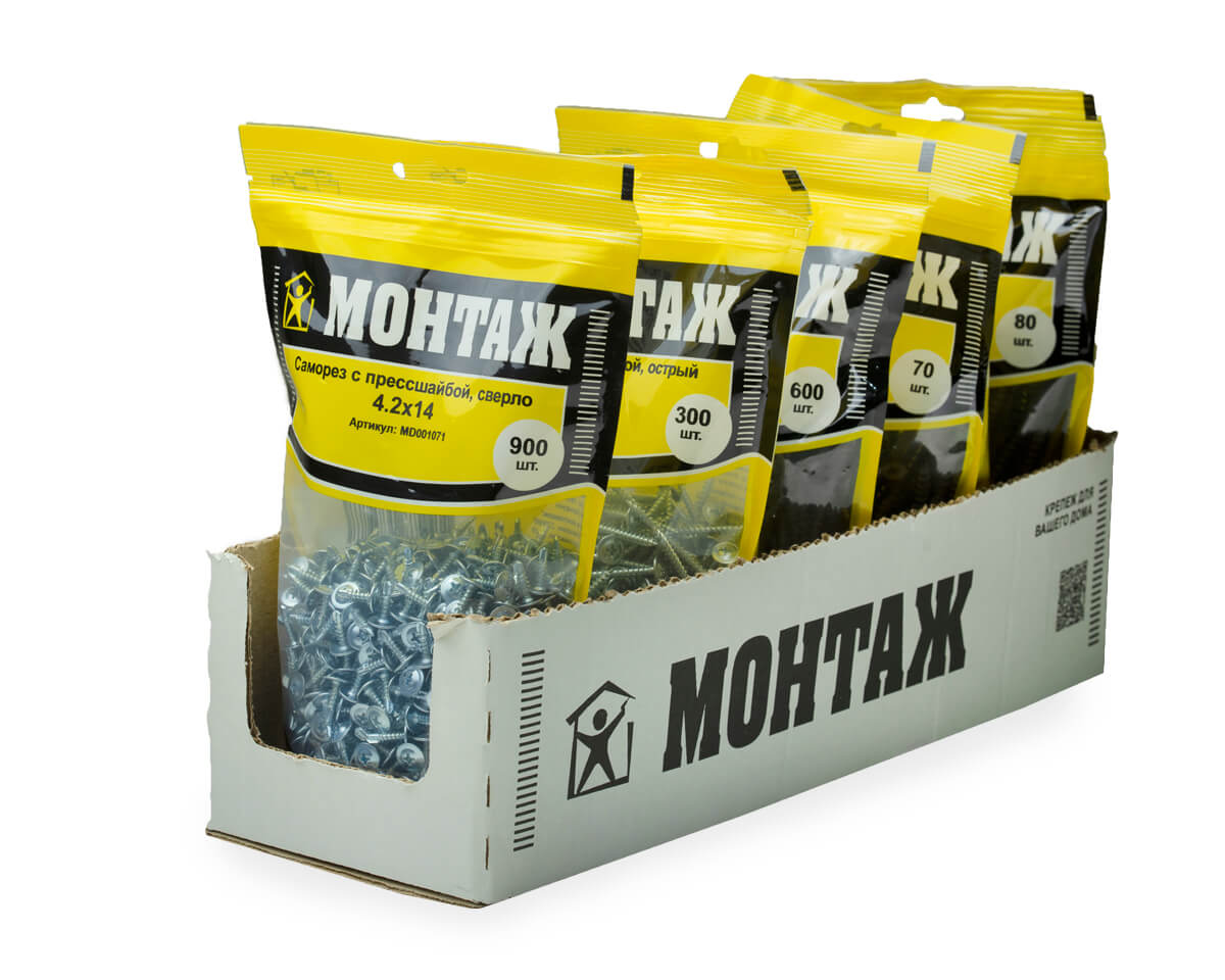 Саморез с прессшайбой 4.2x14, сверло, цинк, дой-пак L, МОНТАЖ (пакет/900шт)