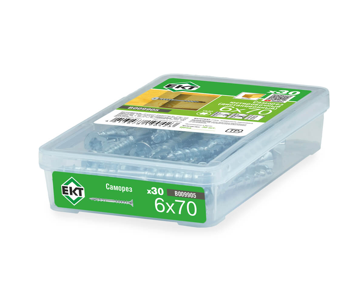 Саморез юстировочный (дистанционный) 6.0x70, потай, оцинк, в пласт. контейнере, ЕКТ (упак/30шт)