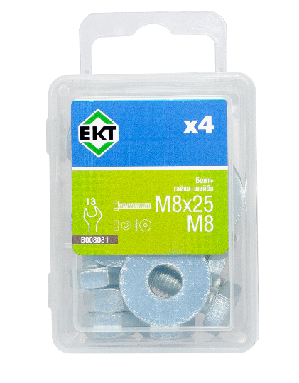 Болт с 6-гран. гол. M8х25, DIN933 в компл. с гайкой и усиленной шайбой М8, цинк (упак/4шт)