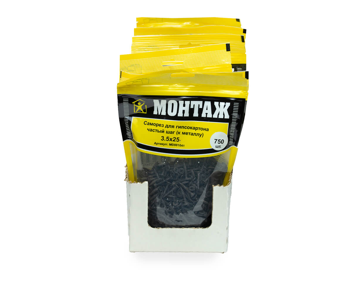 Саморез для гипсокартона 3.5x25, частый шаг (к металлу), фосфат, дой-пак L, МОНТАЖ (пакет/750шт)