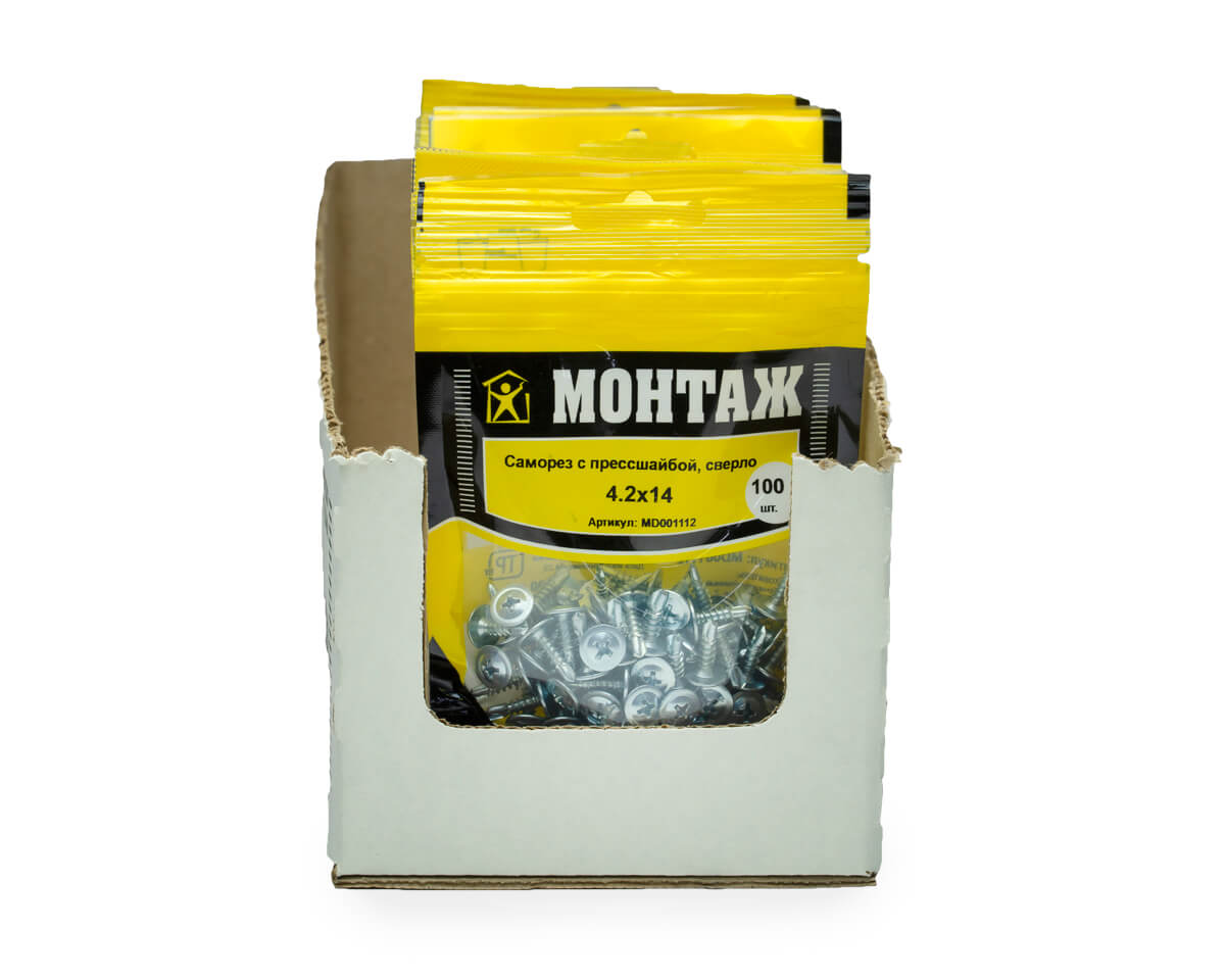 Саморез с прессшайбой 4.2x14, сверло, цинк, дой-пак S, МОНТАЖ (пакет/100шт)