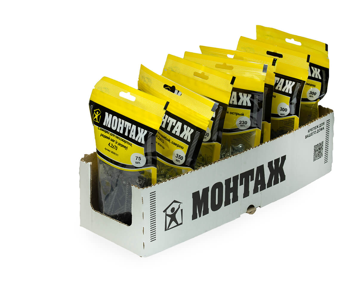 Саморез для гипсокартона 4.2x70, редкий шаг (к дереву), фосфат, дой-пак M, МОНТАЖ (пакет/75шт)