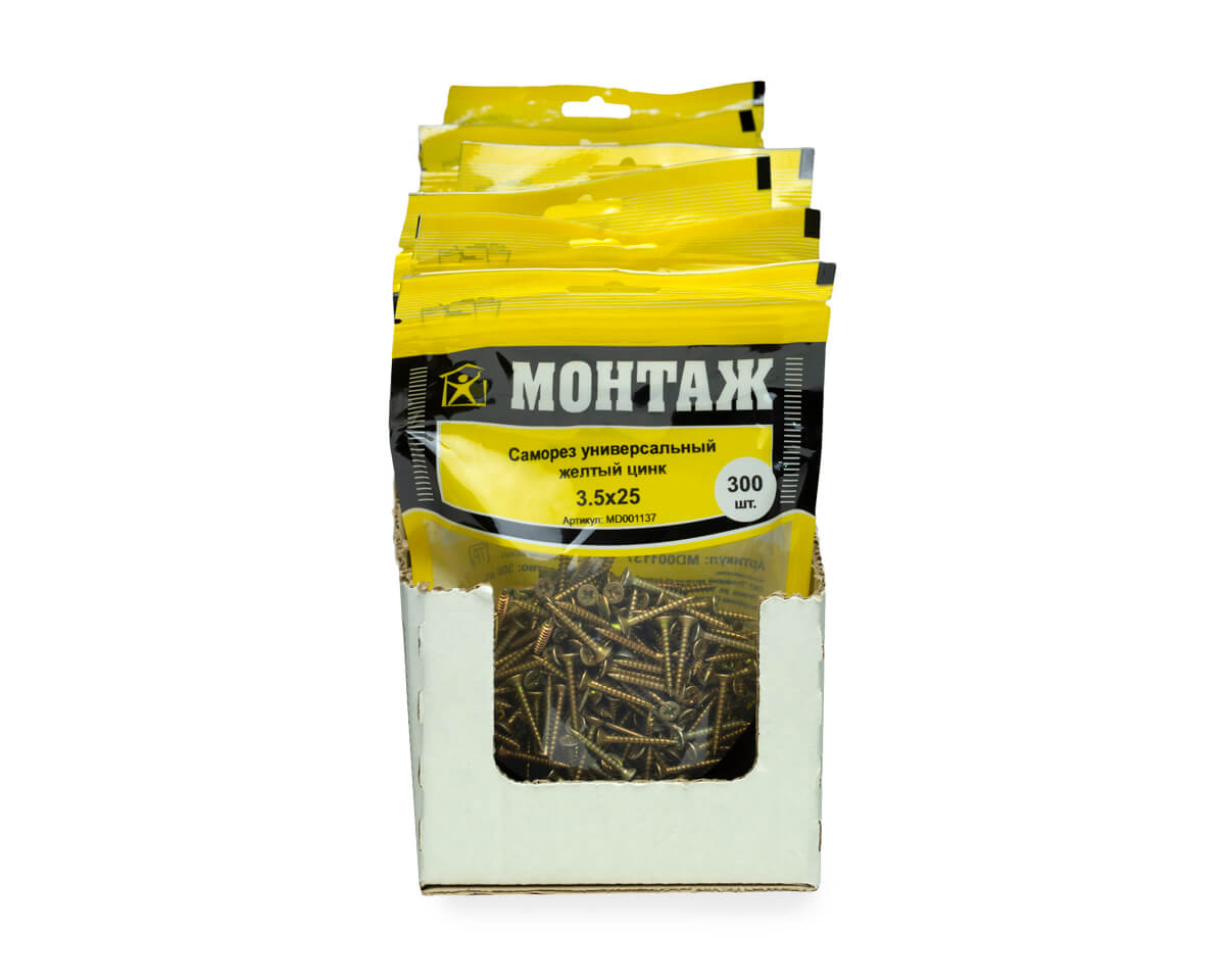 Саморез универсальный 3.5x25, желтый цинк, дой-пак M, МОНТАЖ (пакет/300шт)