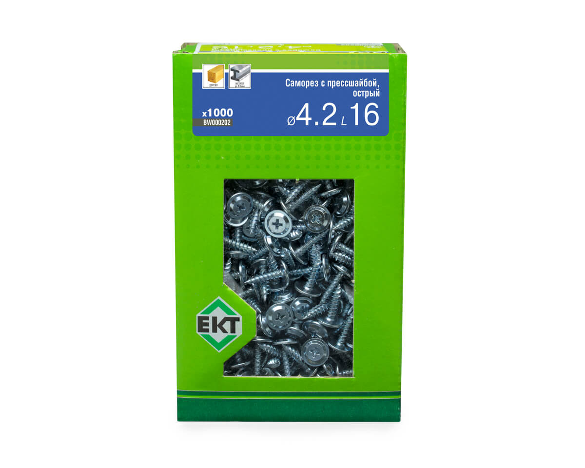 Саморез с прессшайбой, 4.2x16 острый, цинк, в коробке с окном, ЕКТ (упак/1.000шт)
