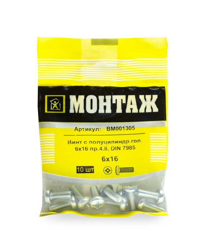 Винт 6х16 полуцилиндр. головка Ph, цинк, прочн. 4.8 DIN 7985 (пакет/10шт)