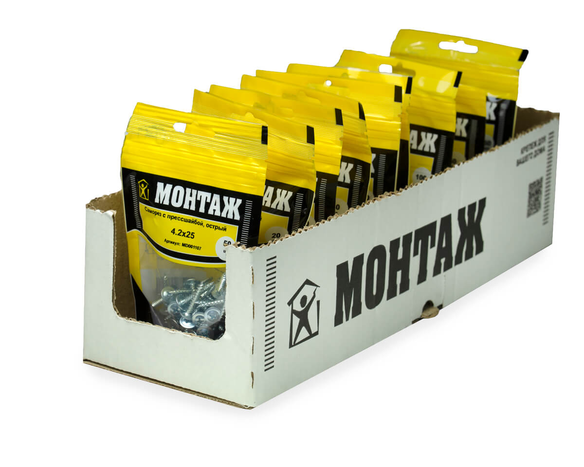 Саморез с прессшайбой 4.2x25, острый, цинк, дой-пак S, МОНТАЖ (пакет/50шт)