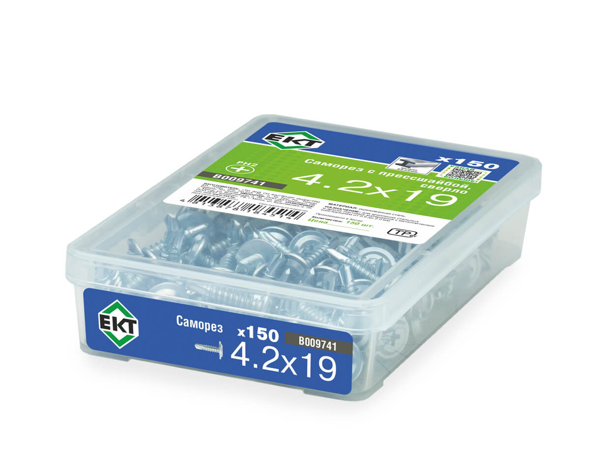 Саморез с прессшайбой, 4.2x19 сверло, цинк,в пласт.контейнере, ЕКТ (упак/150шт)