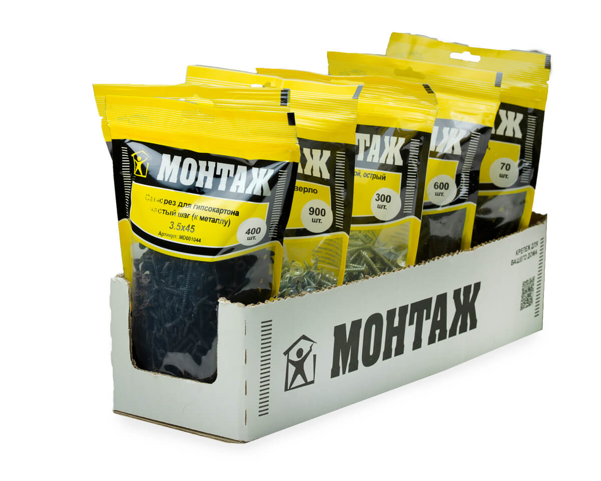 Саморез для гипсокартона 3.5x45, частый шаг (к металлу), фосфат, дой-пак L, МОНТАЖ (пакет/400шт)