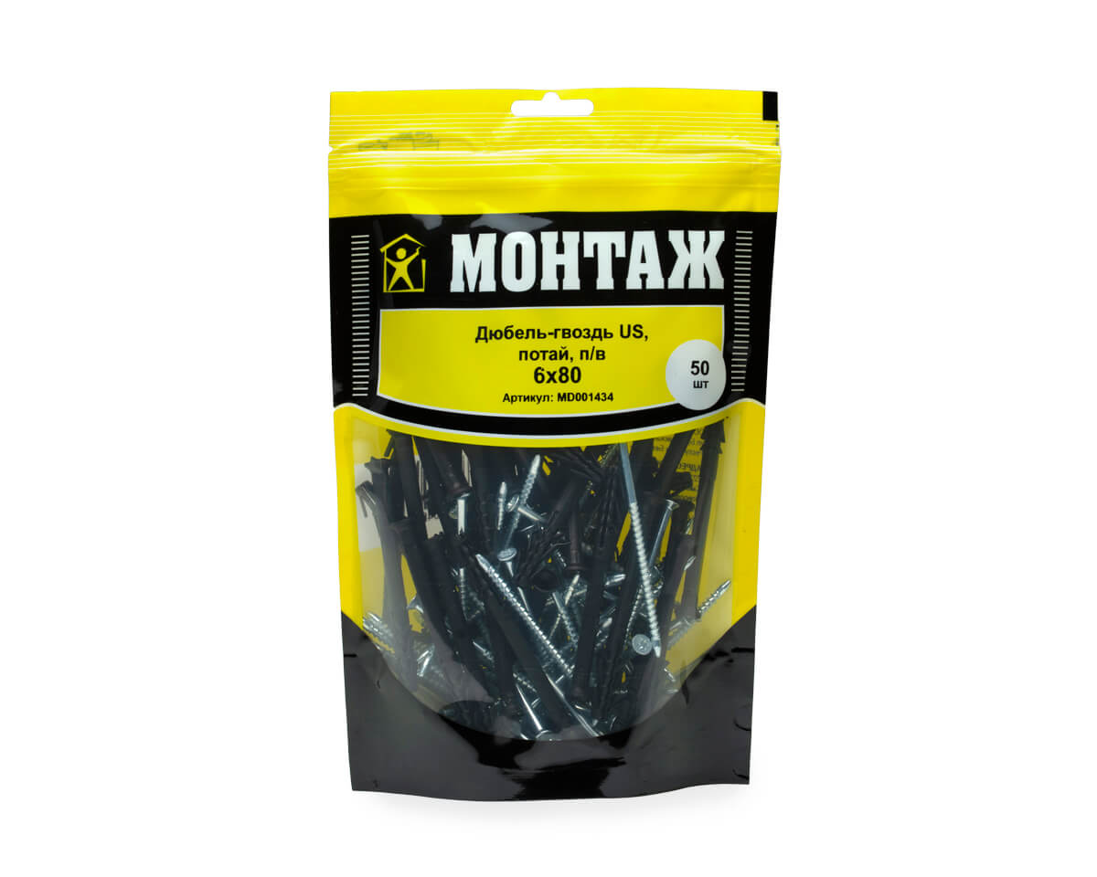 Дюбель-гвоздь US, 6x80 потай, п/в, МОНТАЖ (дой-пак L/50шт)