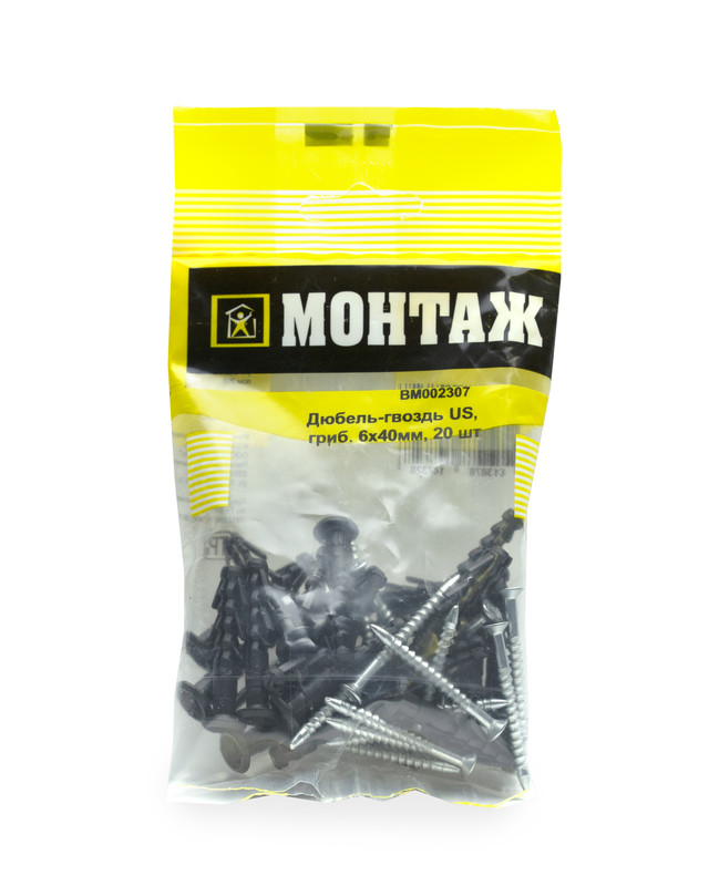 Дюбель-гвоздь US, 6x40 гриб, п/в, МОНТАЖ (пакет/20шт)
