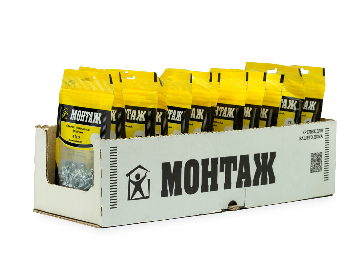 Саморез универсальный 4.0x12, белый цинк, дой-пак S, МОНТАЖ (пакет/100шт)
