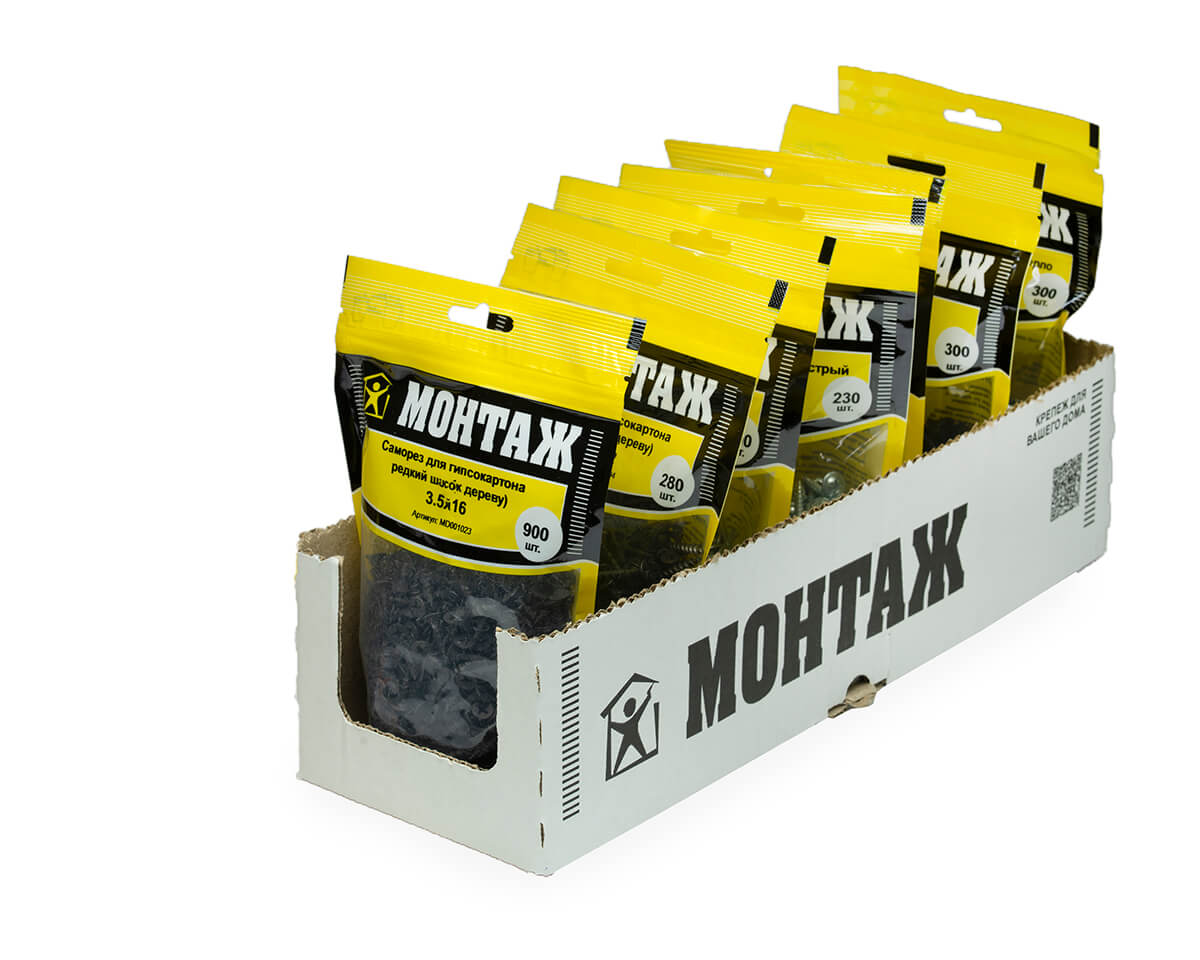 Саморез для гипсокартона 3.5x16, редкий шаг (к дереву), фосфат, дой-пак M, МОНТАЖ (пакет/900шт)