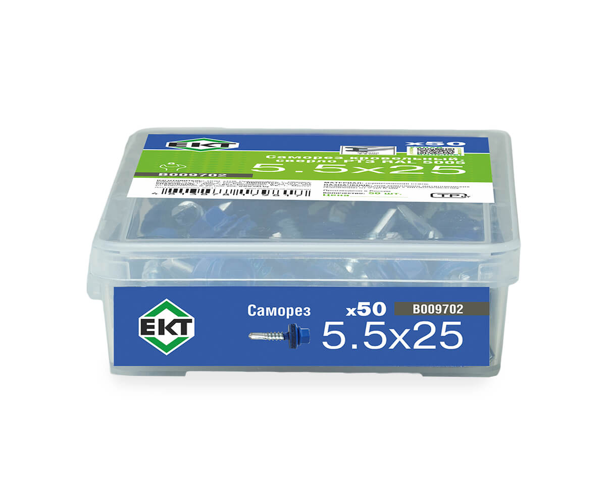 Саморез кровельный с резин. прокл. 5.5x25, сверло РТ3, RAL5005, в пласт. контейнере, ЕКТ (упак/50шт)